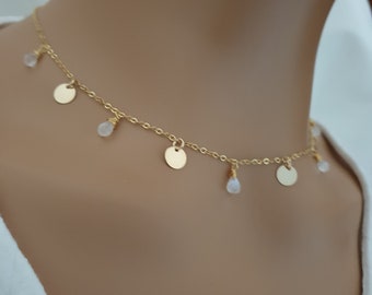 Moonstone necklace, 14k gold filled chain, disc necklace, gemstone dangle necklace, necklaces for women