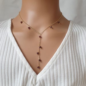 Garnet lariat necklace, y shape Garnet gold plated chain necklace, long pendant necklace, dangle bead gemstone necklace for women