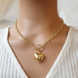 Pingente de coração, colar longo banhado a ouro, colar com fecho de alavanca, colar de corrente de elos marinhos, colares para mulheres