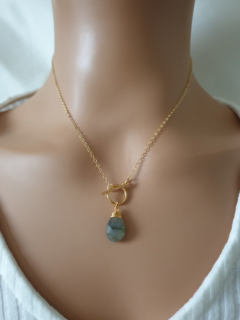 Labradorite toggle clasp necklace, 14k gold filled chain, gemstone pendant necklace, dainty necklace for women, teardrop necklace image 4