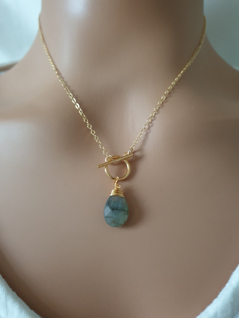 Labradorite toggle clasp necklace, 14k gold filled chain, gemstone pendant necklace, dainty necklace for women, teardrop necklace image 5