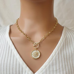 Sun shell pendant necklace, chunky chain toggle clasp gold plated necklace, T bar cubic zirconia pendant with shell necklace gift for her