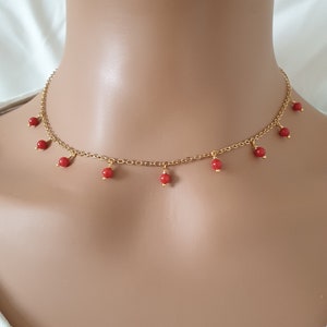 Chocker necklace, coral necklace, gold chain necklace, gemstone necklace, delicate necklace, necklaces for women, orange necklace