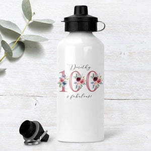 Botella de agua para el 100.º cumpleaños / 100 y fabuloso / Feliz 100.º cumpleaños / 100 / Regalo para el 100.º cumpleaños / Regalo para nacido en 1924 / Regalo personalizado para el 100.º cumpleaños