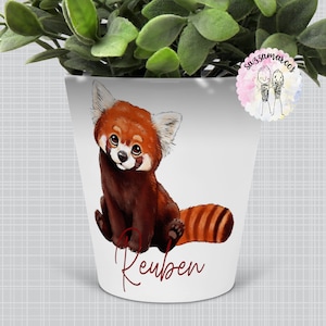 May include: White ceramic planter featuring a red panda illustration and the name "Reuben" written in red cursive. The planter is filled with green artificial foliage.