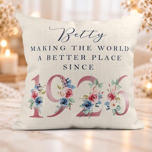Op de afbeelding: Een vierkant gebroken wit sierkussen met de naam Betty in donkerblauw schrift, de tekst MAKING THE WORLD A BETTER PLACE SINCE in donkerblauw, en de grote roze cijfers 1926 versierd met blauwe en roze bloemmotieven.