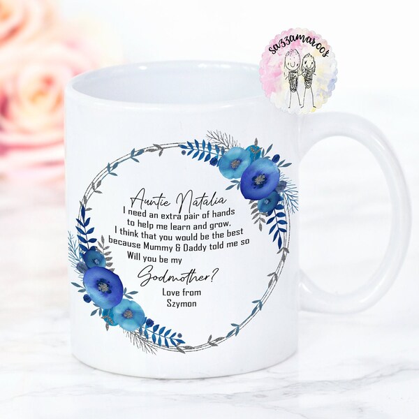 GODMOTHER GIFT | Godmother mug | Gift for Godmother | Blue Wreath | Will you be my Godmother? | Godfather Gift | Godparents proposal POEM