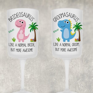 Bride and Groom Wine Glasses | Mr & Mrs Wine Glass | Wedding Gift | Bride Gift | Frosted Wine Glass | Husband and Wife | Dinosaur Wine Glass