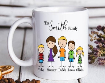 Può includere: Tazza in ceramica bianca con un contorno nero di una famiglia di cinque persone. Il testo "The Smith Family" è in cima alla tazza. I membri della famiglia sono etichettati come "Toby", "Mummy", "Daddy", "Lucas" e "Olivia".