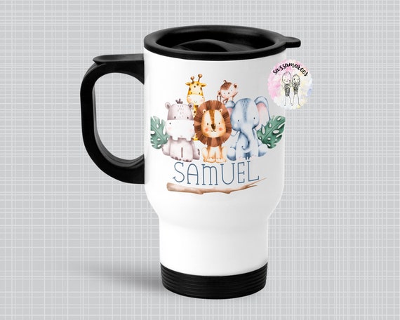 Personalised Safari Jungle Insulated Travel Mug Cute Kids Animal Bottle  Cute safari jungle animals Christening Birthday gift for him