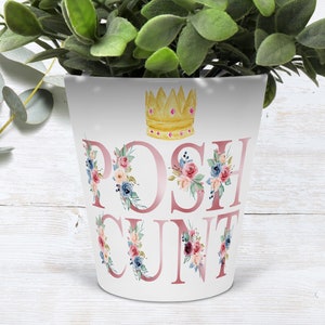 May include: White ceramic planter with a pink floral design and the text "POSH CUNT" in pink. A gold crown sits above the text.
