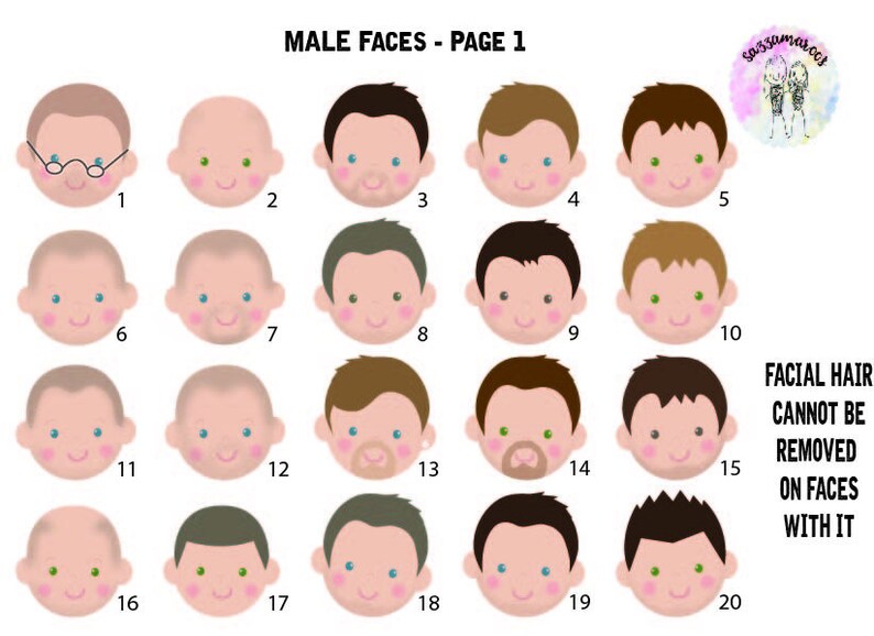 Op de afbeelding: Twintig verschillende mannelijke cartoon gezichten met verschillende uitdrukkingen, haarstijlen en gezichtshaar. De gezichten zijn genummerd van 1 tot en met 20. De tekst "MALE FACES - PAGE 1" staat bovenaan de afbeelding. De tekst "FACIAL HAIR CANNOT BE REMOVED ON FACES WITH IT" staat rechtsonder in de afbeelding.