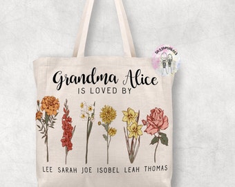 GRANDMA GIFT | Grandma Tote Bag | Birth Flowers | Nana Flowers Tote Bag | Birthday Christmas Gift for Nanny Nanna Grandma Gran Granny Bag