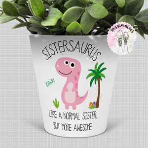 Peut inclure: Pot en céramique blanche avec une illustration de dinosaure rose et le texte "Sistersaurus, Rawr! Like a normal sister, but more awesome".