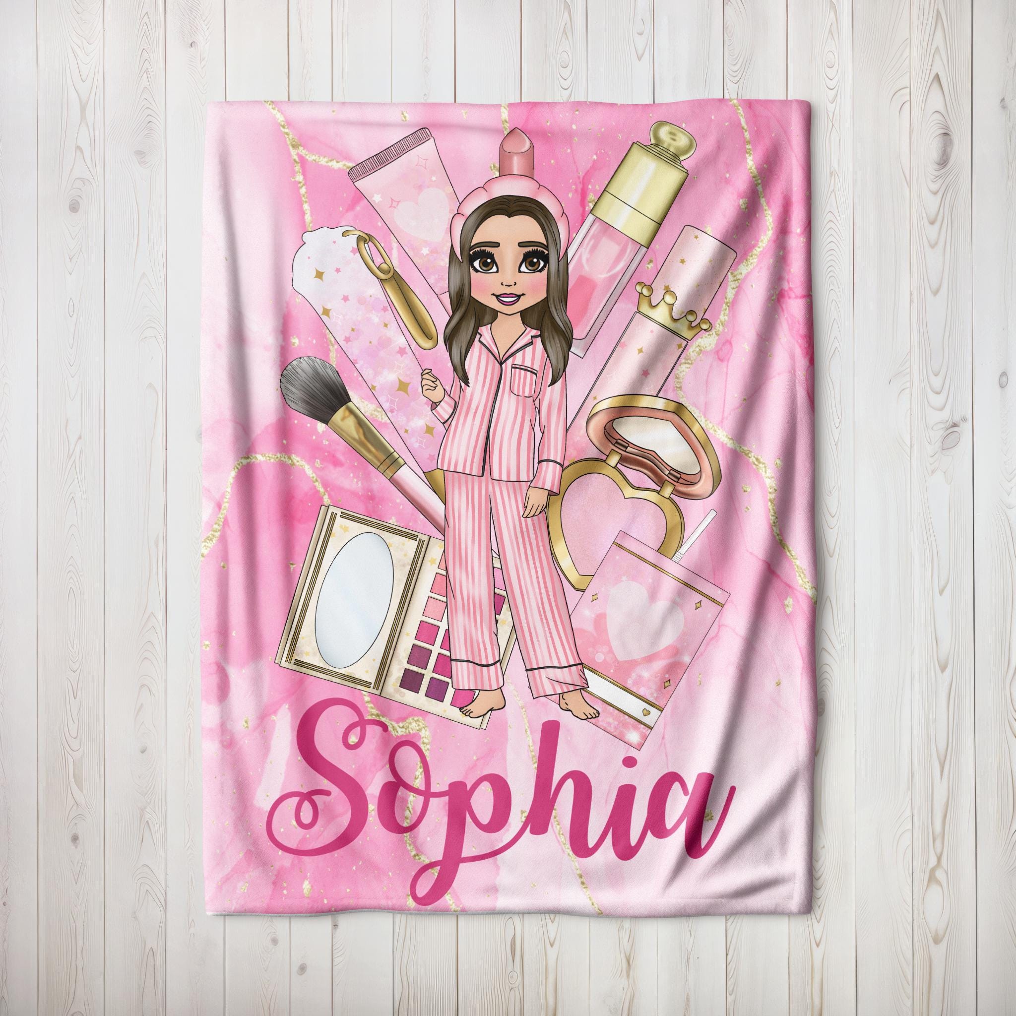 Personalised Make Up Blanket | Make Up Gift | Pink Makeup Fleece Blanket |Comfort Blanket| Gift to teen daughter | Choose your own character