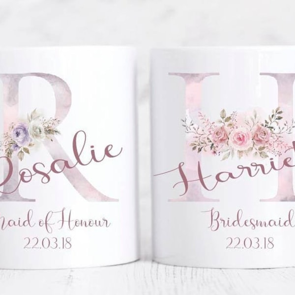 Beautiful Bridal Party Mugs| Rose Gold Bridesmaid Gifts| Bridesmaid Initial Mugs| Bridesmaid Mug| Maid of Honour Gift| Rose Gold Floral Mug