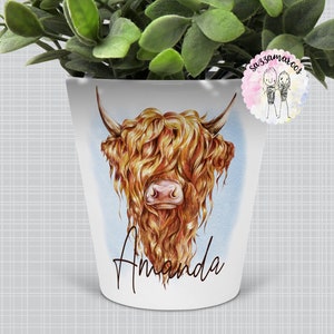 May include: White ceramic planter featuring a watercolour illustration of a Highland cow with long, brown fur. The planter is personalised with the name "Amanda".