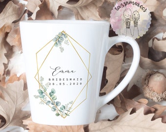 Beautiful Bridal Party Latte Mugs| Geometric Bridesmaid Gifts| Bridesmaid Name Mugs| Bridesmaid Mug| Maid of Honour Gift| Eucalyptus Floral