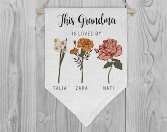 Personalized Grandma Linen Pennant Flag | Birth Month Flowers Gift