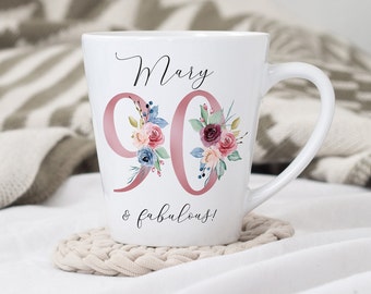Taza de café con leche para el 90 cumpleaños / 90 y fabulosa / Feliz 90 cumpleaños / Años 90 / 90 / Regalo de 90 cumpleaños / Regalo para nacidos en 1934 / Taza personalizada para el 90 cumpleaños