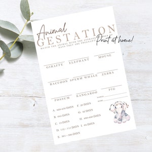 PRINTABLE Baby shower Game | Animal Gestation Quiz | Baby Shower Games, New Baby, Baby Shower Game, New Mum, Mum to be, dad to be, Print PDF