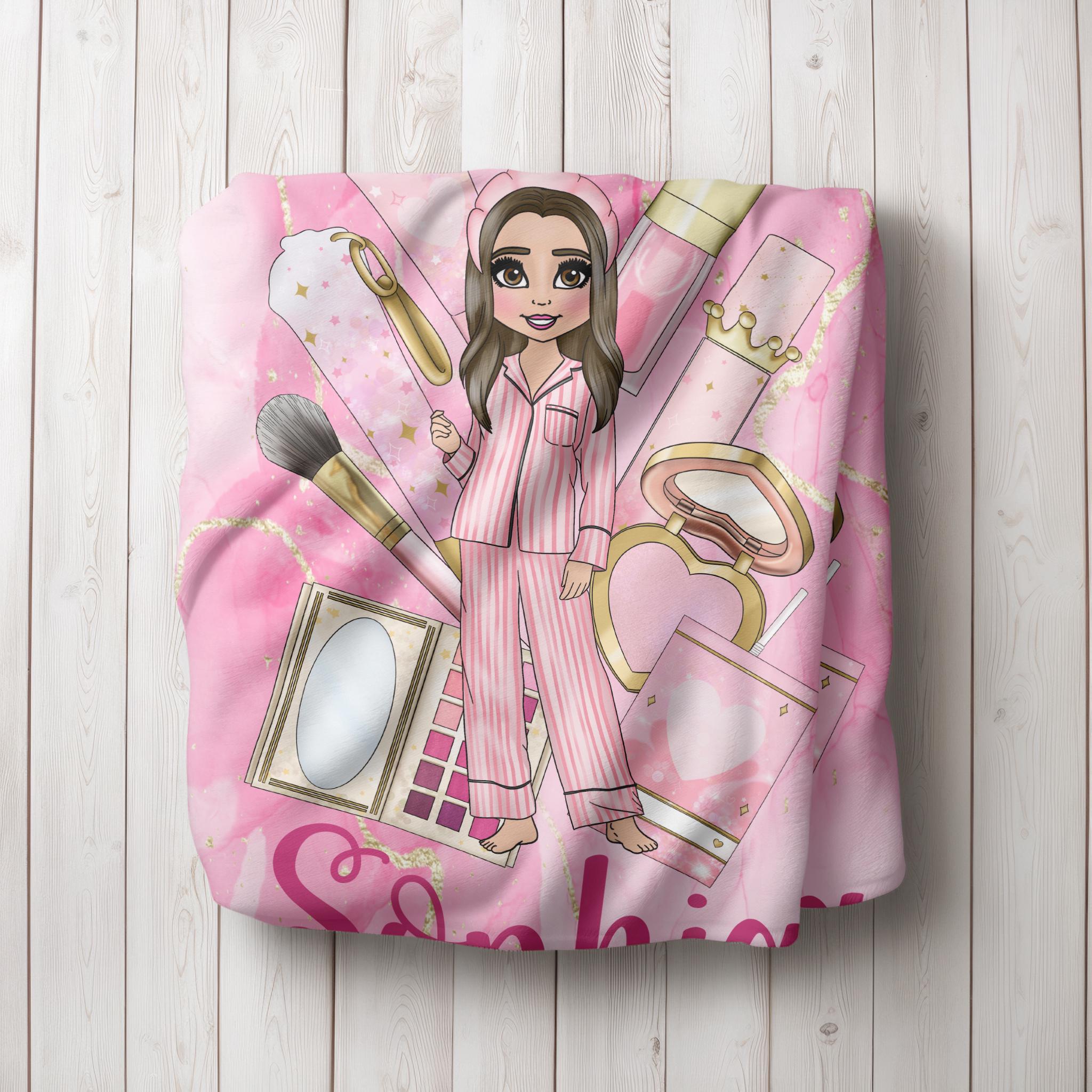 Personalised Make Up Blanket | Make Up Gift | Pink Makeup Fleece Blanket |Comfort Blanket| Gift to teen daughter | Choose your own character