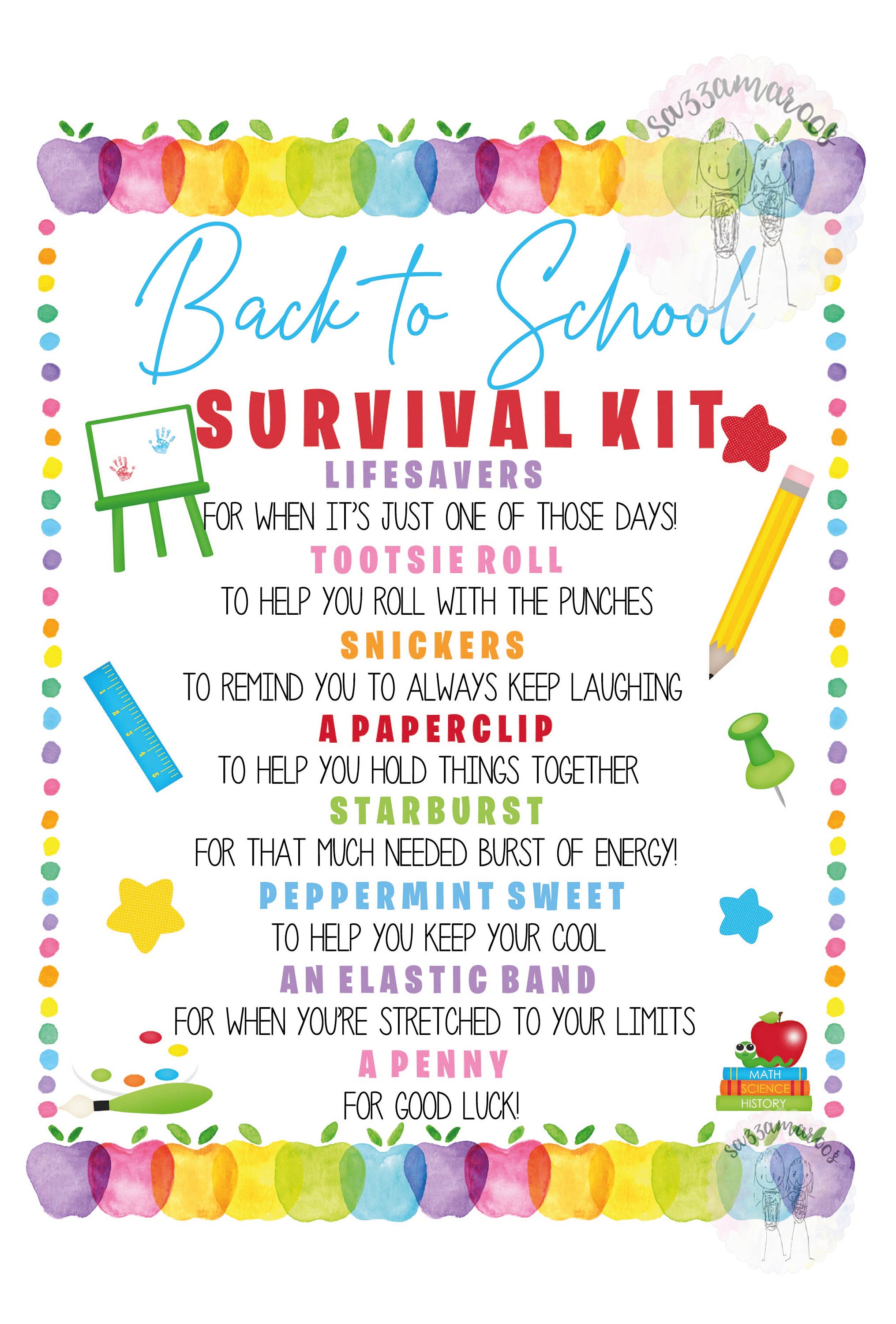 EDITABLE Back To School Survival Kit Printable Gift Tag, Rainbow First ...