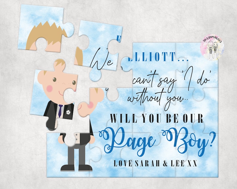 Op de afbeelding: Een blauwe en witte aquarel puzzelkaart met een cartoonillustratie van een jongen in pak. De tekst luidt "We can't say 'I do' without you... Will you be our Page Boy? Love Sarah & Lee XX".