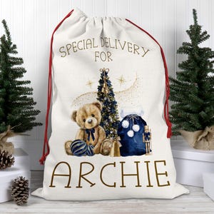 Personalised Christmas Sack,  Special Delivery Santa Sack, Christmas Eve Gift Bag,  Personalised Stocking, Navy Kids Christmas Sack