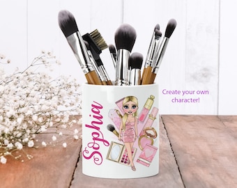 Personalised Make Up Brush Holder | Pink Makeup brushes | Dressing table accessories | Gift to teen daughter | Choose your own character