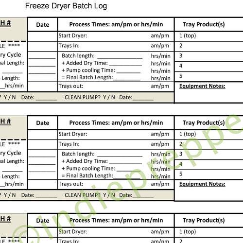 Freeze Dryer Batch Log / Form Printable Harvestright© cycle Etsy