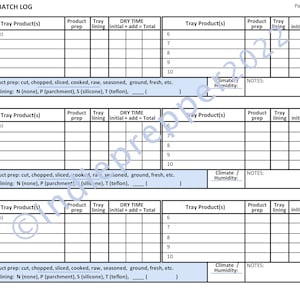 DEHYDRATOR product tracking Log / Form - track: time - temperature - trays - product, printable digital download pdf  8.5 x 11
