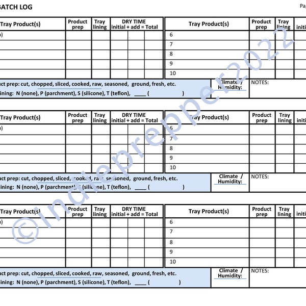 DEHYDRATOR product tracking Log / Form - track: time - temperature - trays - product, printable digital download pdf  8.5 x 11