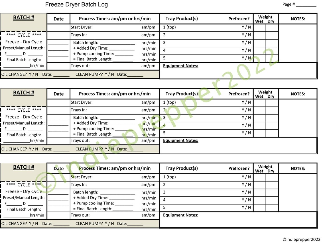Freeze Dryer Batch Log / Form, Printable, Harvestright© ,cycle Tracking