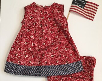 Get ready for the 4th of July, or anytime with this red, white and blue dress. It comes with matching bloomers.