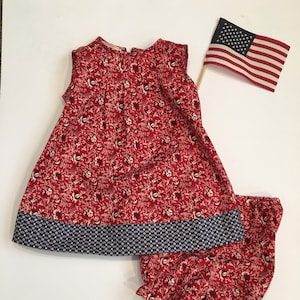 Get ready for the 4th of July, or anytime with this red, white and blue dress. It comes with matching bloomers.