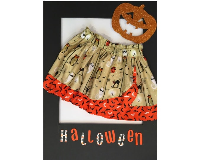 Who's Batty? Girls Halloween Skirt, Twirl, Halloween, Bats, Pumpkins, Owls, Spiders