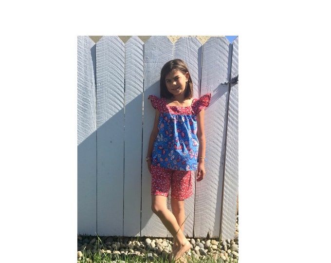 Labor day, Girls 4th of July Top and Short Set, Independence Day Short set, Red White and Blue short set, Butterflies