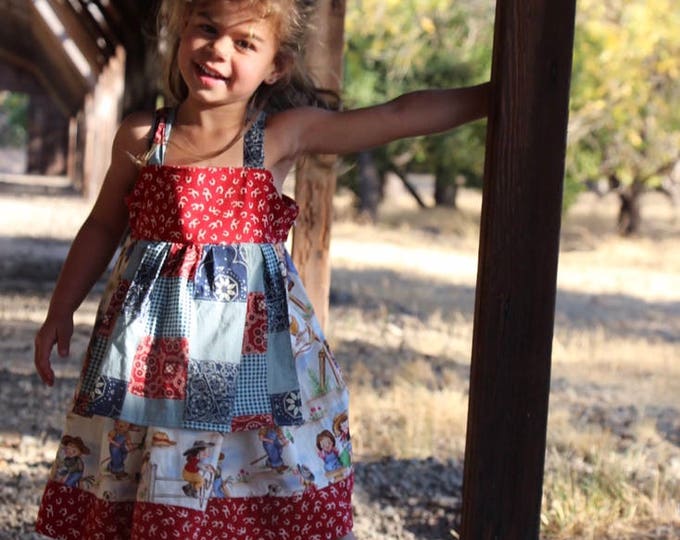 Giddy Up Cowgirl Dress, Red White Blue Cotton Country Style, Girls Sizes 2-5