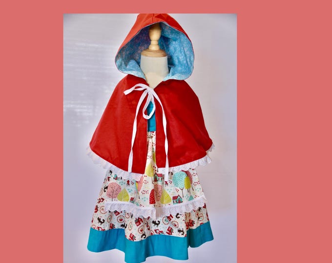 Little Red (Blue) Riding Hood  dress with cape. Storybook dress, whimsical dress, summer dress, Apron Dress,  Little Blue Riding Hood dress.