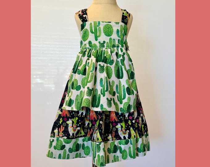 Llama Cactus Print Dress with Attached Apron, Cotton Summer Spring Apparel