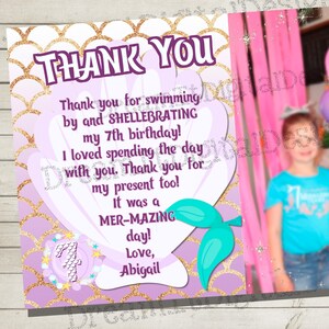 Splish Splash! Es ist ein Mermaid Thank Note! Vielen Dank für den Muschelabrieb! Meerjungfrau Mädchen Foto, personalisiert, druckbar