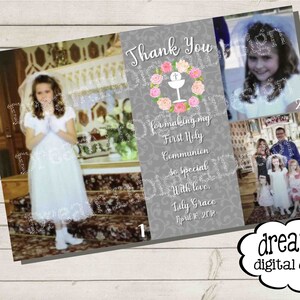 First Communion, Baptism, Confirmation Thank You and or Invite  with Flower Wreath, Chalice, Holy Host, Personalized