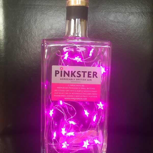 Pinkster Gin Lighted Bottle, Bottle Lamp. Bottle Light with Pink stars, fairy Lights, Twinkly lights