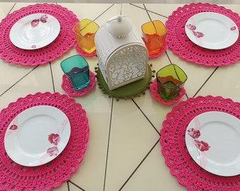 Cute Coasters, Coaster Set van 6, Pink Coaster Set, Haak Coasters, Table Decor