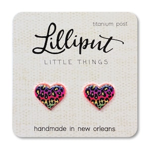 Retro Neon Rainbow Leopard Heart Earrings // Neon Pink Acrylic Titanium Studs