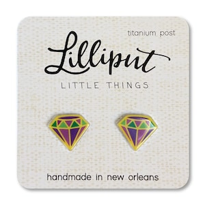 Mardi Gras Diamond Earrings: Purple, Green, Gold - Titanium Posts
