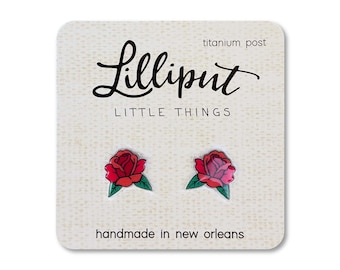 Red Rose Earrings: Titanium Post, Hypoallergenic Flower Jewelry