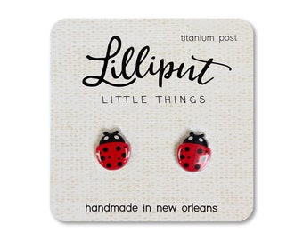 Ladybug Earrings, Cute Red Acrylic Bug Jewelry, Titanium Posts