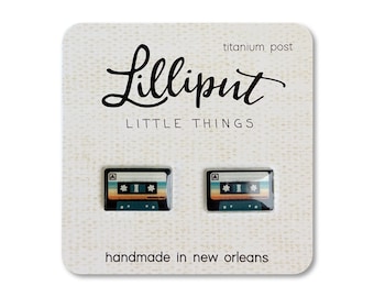 Retro Cassette Mixtape Earrings: Titanium Posts, Hypoallergenic